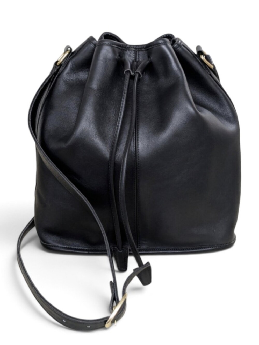 Black Leather Drawstring Bucket Bag